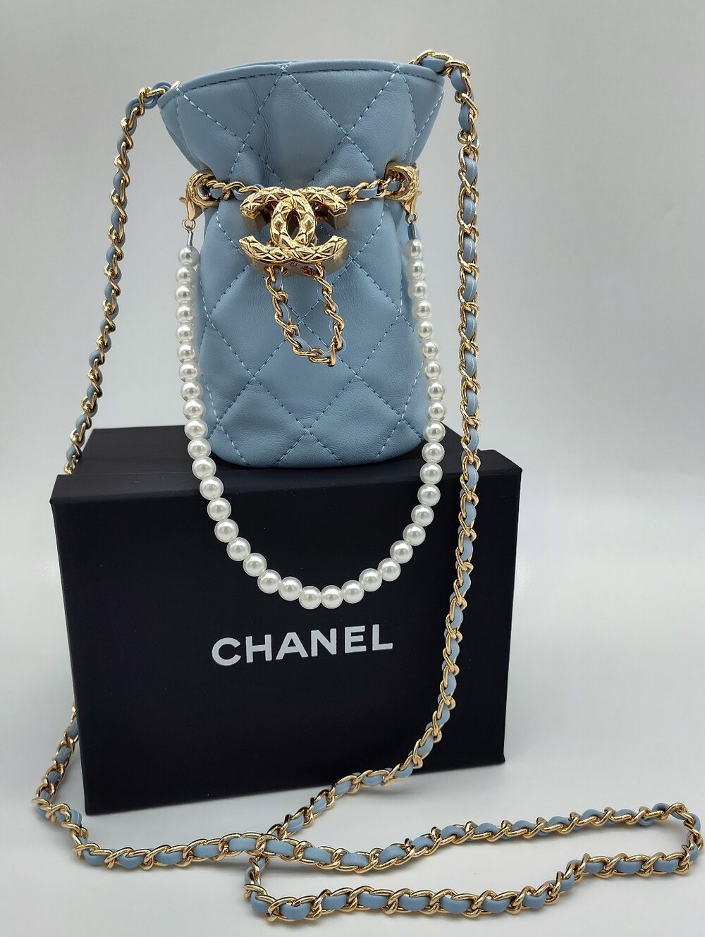 CHANEL New Release VIP Quilted Mini Bucket Bag Pearl Chain Powder Blue NIB